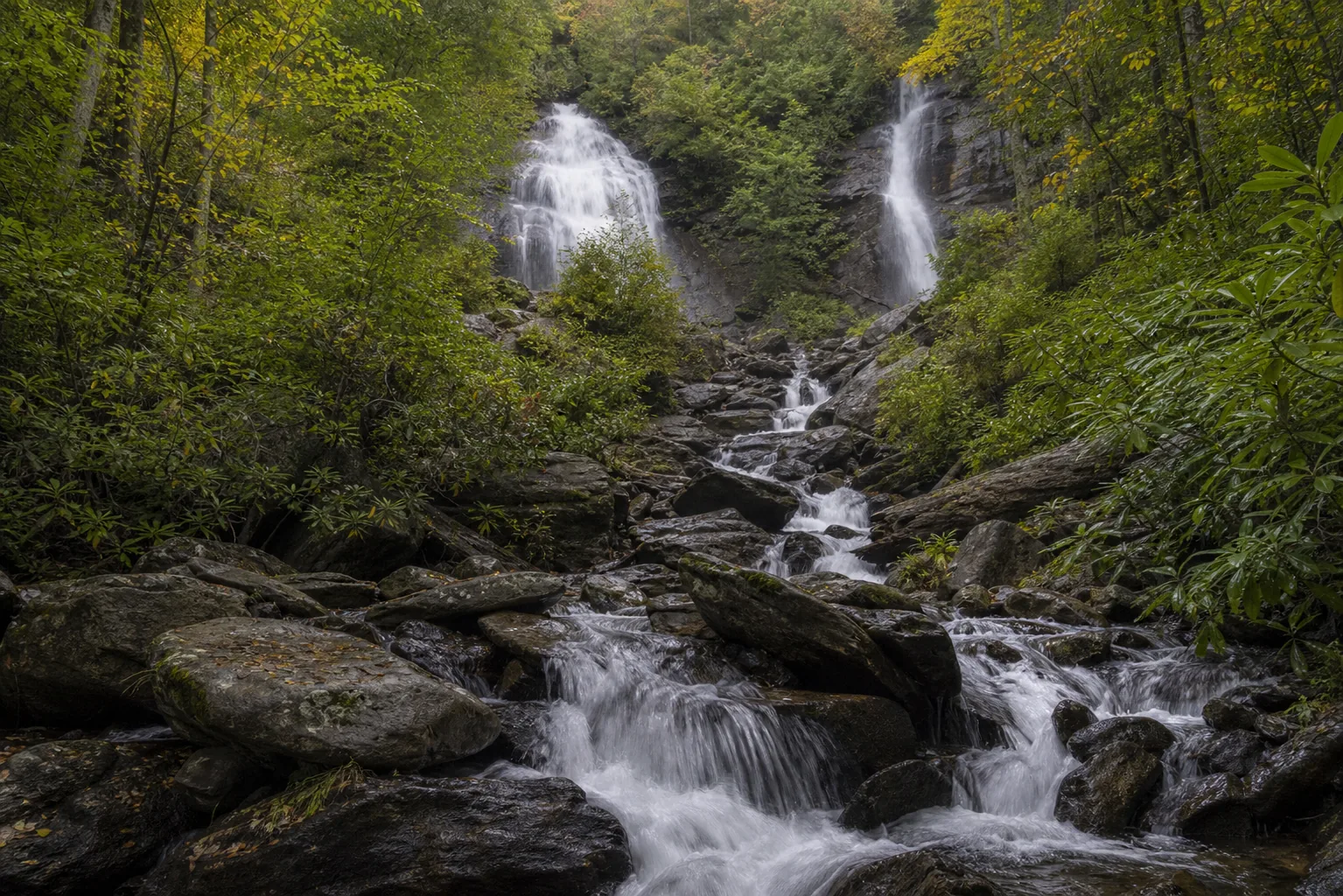 Anna Ruby Falls splash basin where curtis creek and york creek meet to form smith creek; lower tier of the 153-foot curtis cascade