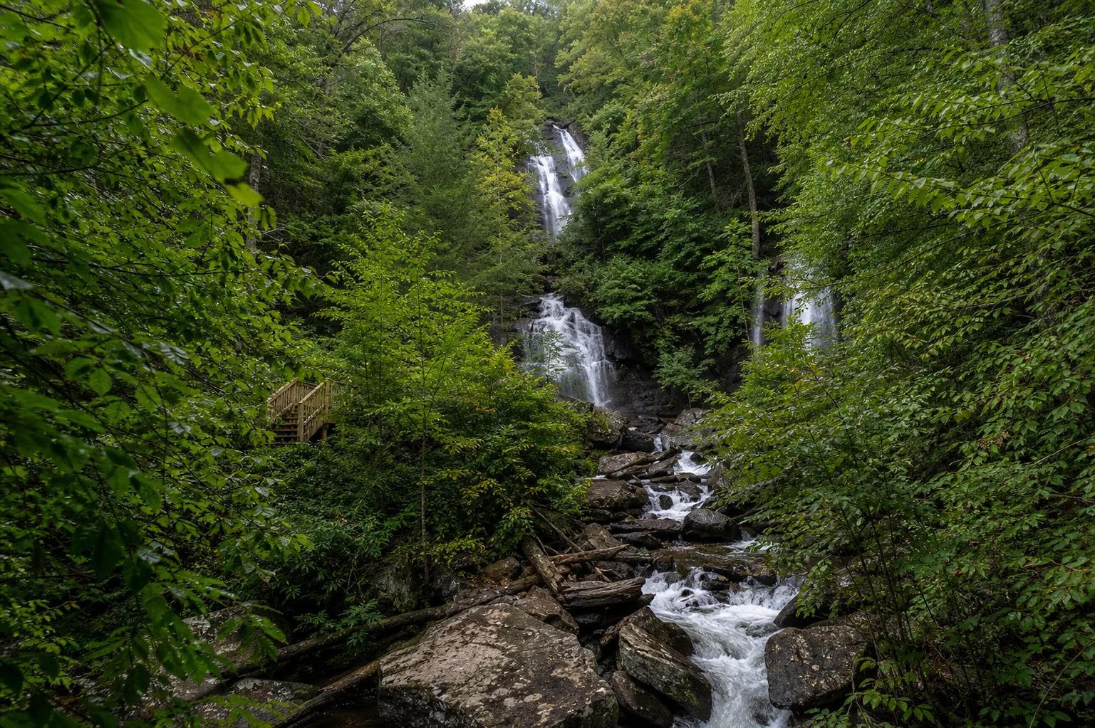 Anna Ruby Falls twin-falls wide frame: curtis creek (153 ft, left) and york creek (50 ft, right) merging into smith creek