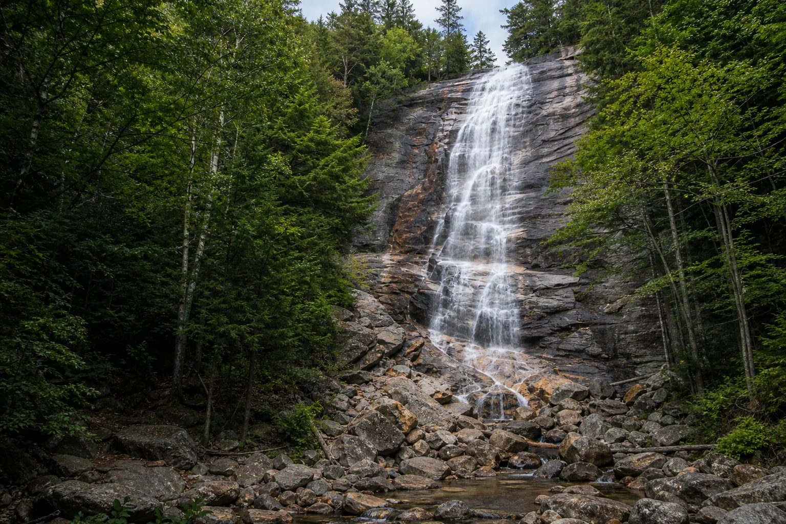 Arethusa Falls the full 140-foot horsetail seen from the standard viewing rock at the base of the falls