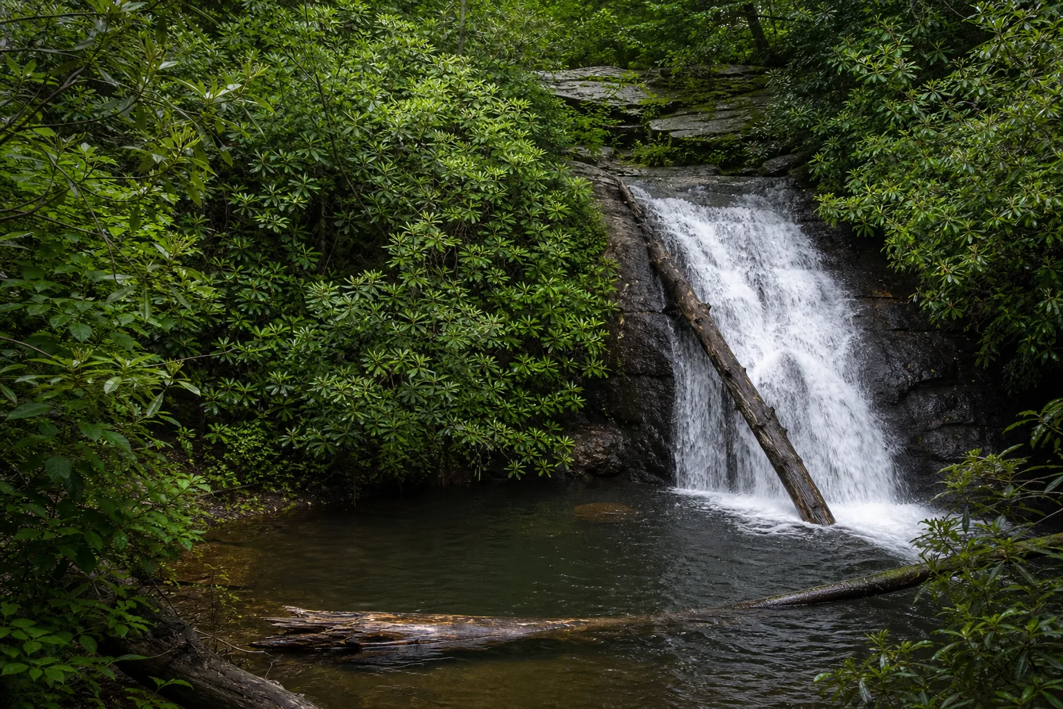 Blue Hole Falls wide view of the blue hole pool with the 25-foot cascade