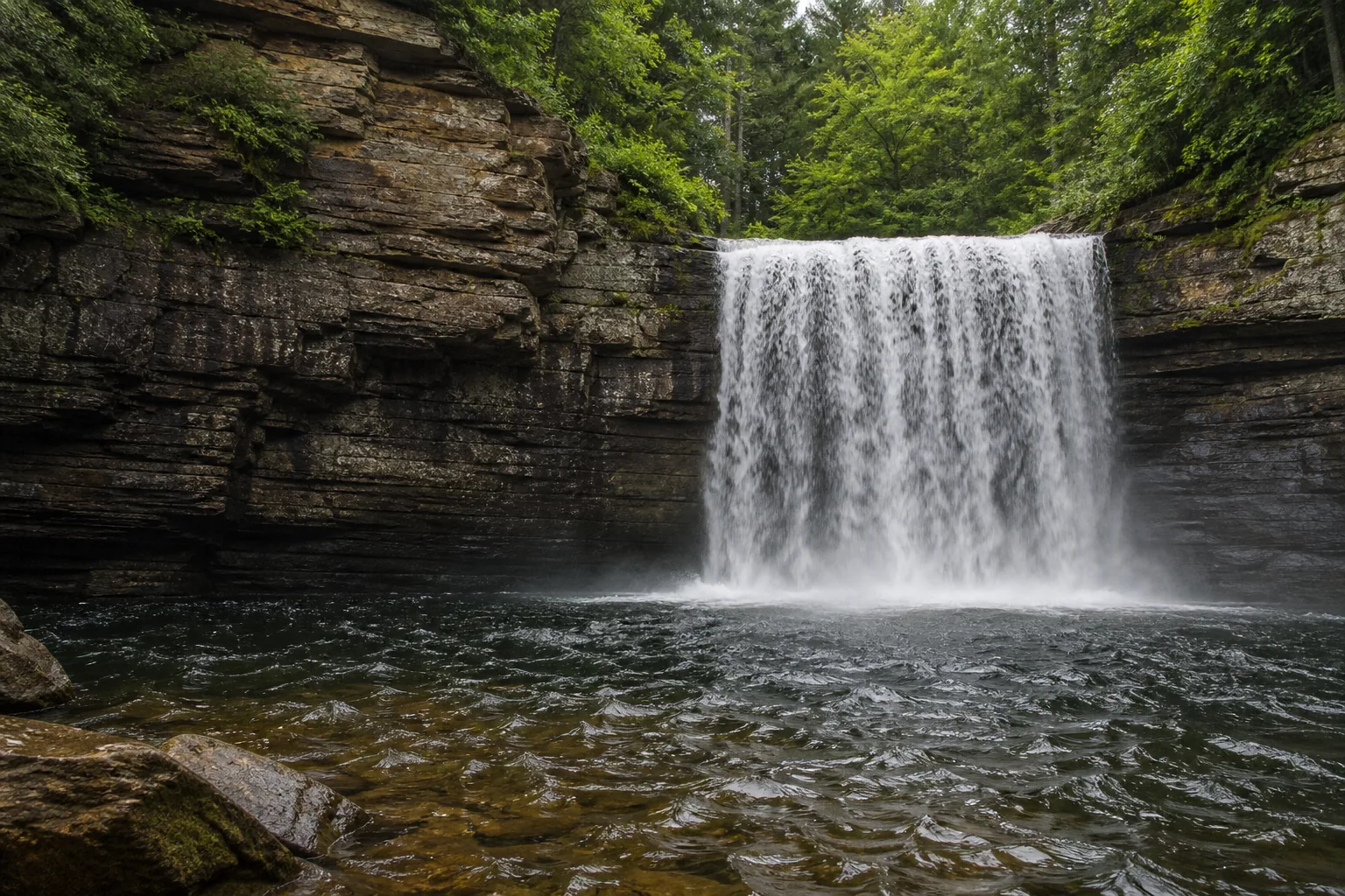 Cane Creek Falls plunge column and base pool, the same view reached by the strenuous cable trail