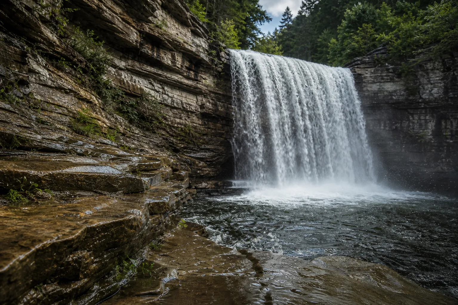 Cane Creek Falls caprock lip and sandstone wall in Fall Creek Falls State Park