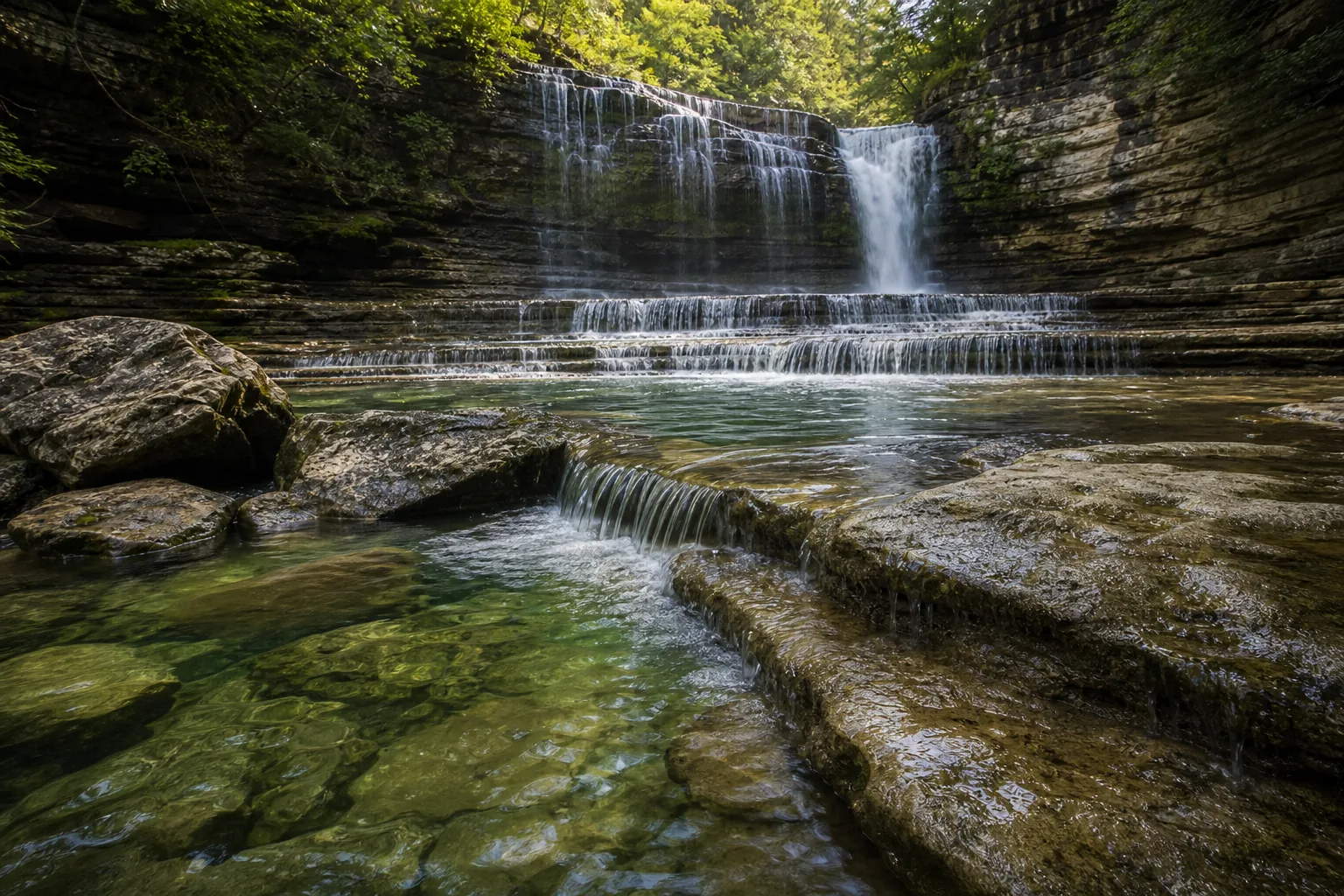 Cummins Falls limestone caprock and softer underlying rock of the Cumberland Plateau visible in the waterfall curtain