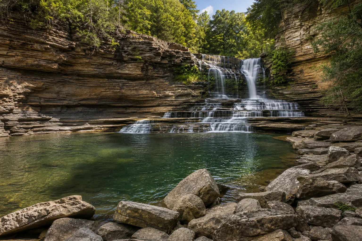 Cummins Falls the 75-foot two-tier drop from the blackburn fork gorge, with the swim basin in the foreground.