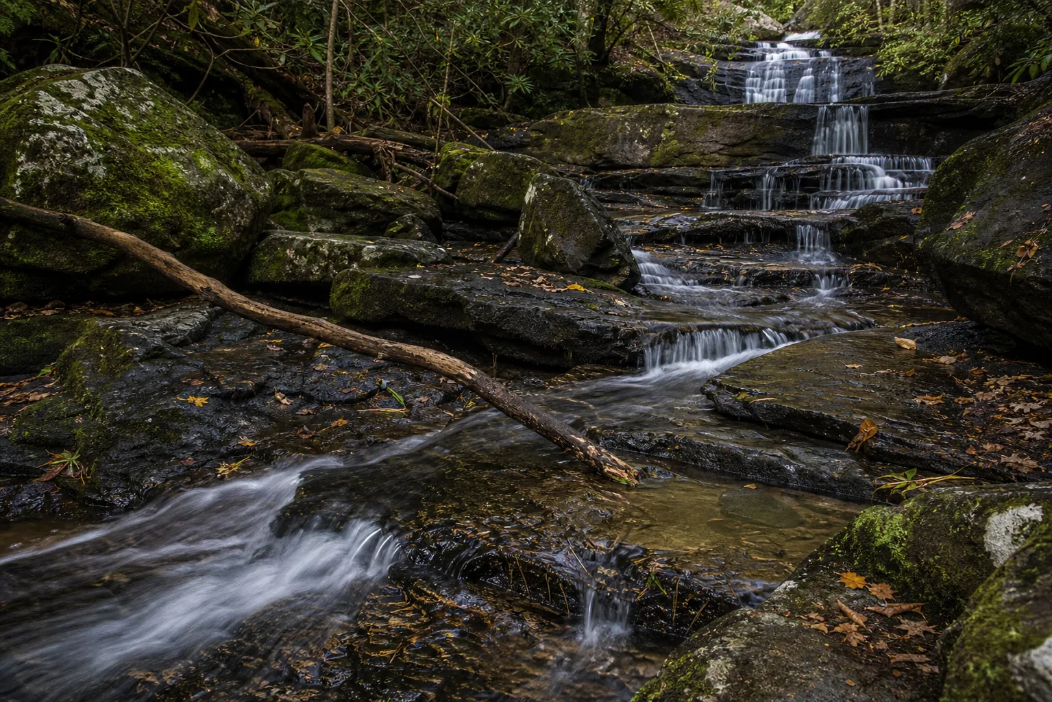 DeSoto Falls Upper Falls stepped tier detail across southern Blue Ridge metamorphic bedrock