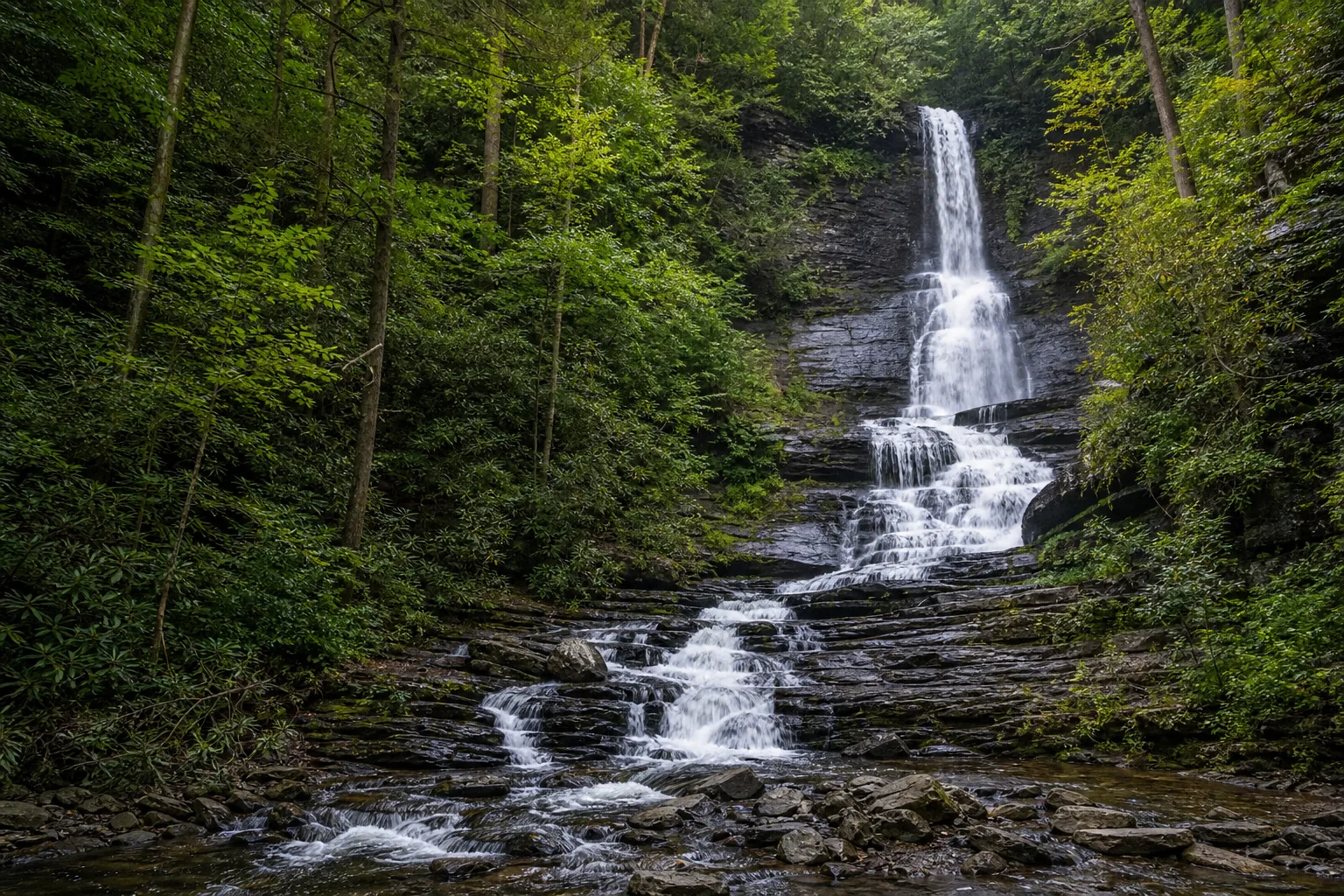 Dingmans Falls the 130-foot single-tier plunge framed by the hemlock-rhododendron ravine from the lower boardwalk deck