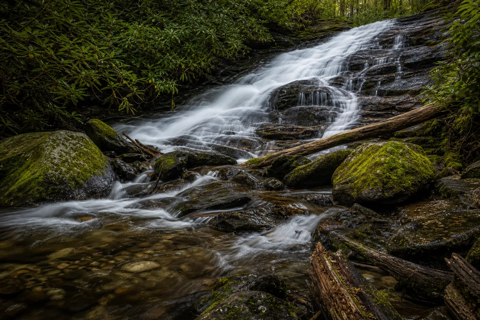 Dukes Creek Falls bedrock detail showing Blue Ridge schist and gneiss in the cascade chutes