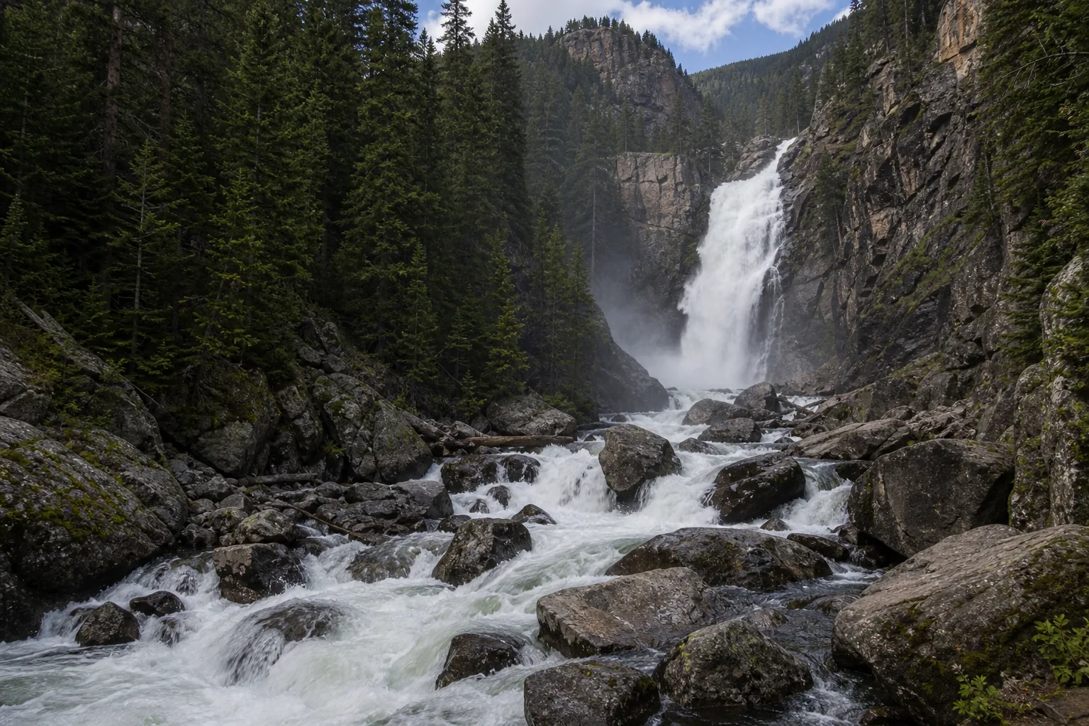 Fish Creek Falls two-tier 280-foot drop through fish creek canyon, viewed from the lower boardwalk overlook