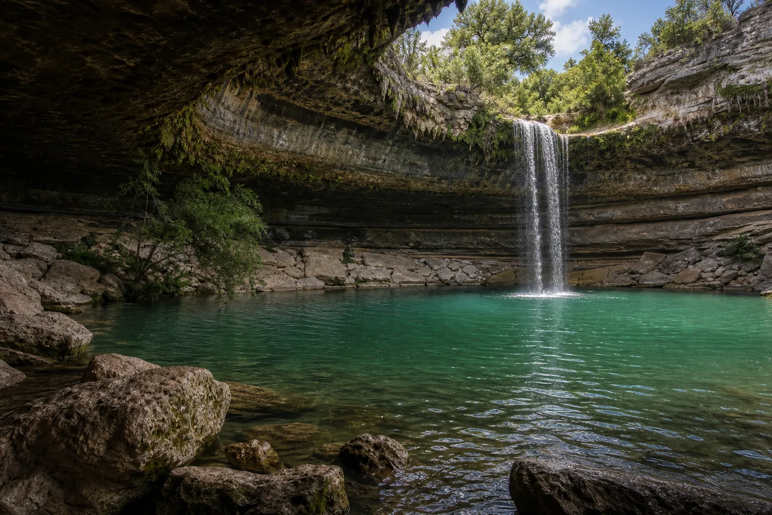 Hamilton Pool Preserve base of the 50-foot drop where hamilton creek lands in the splash pool ringed by maidenhair fern and slabs of fallen limestone.