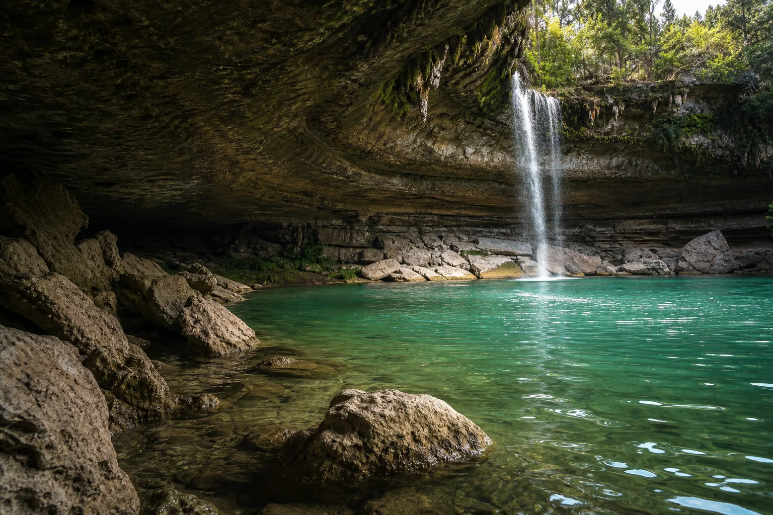 Close detail of jade-green Hamilton Pool water against a wet, fern-streaked Edwards limestone wall in the collapsed grotto