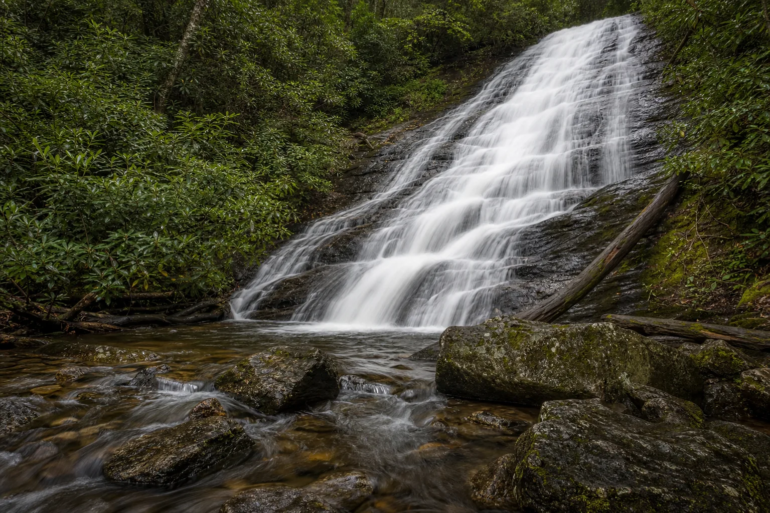 Helton Creek Falls lower falls: the 50-foot angled slide into the chest-deep swimming pool at the trail base