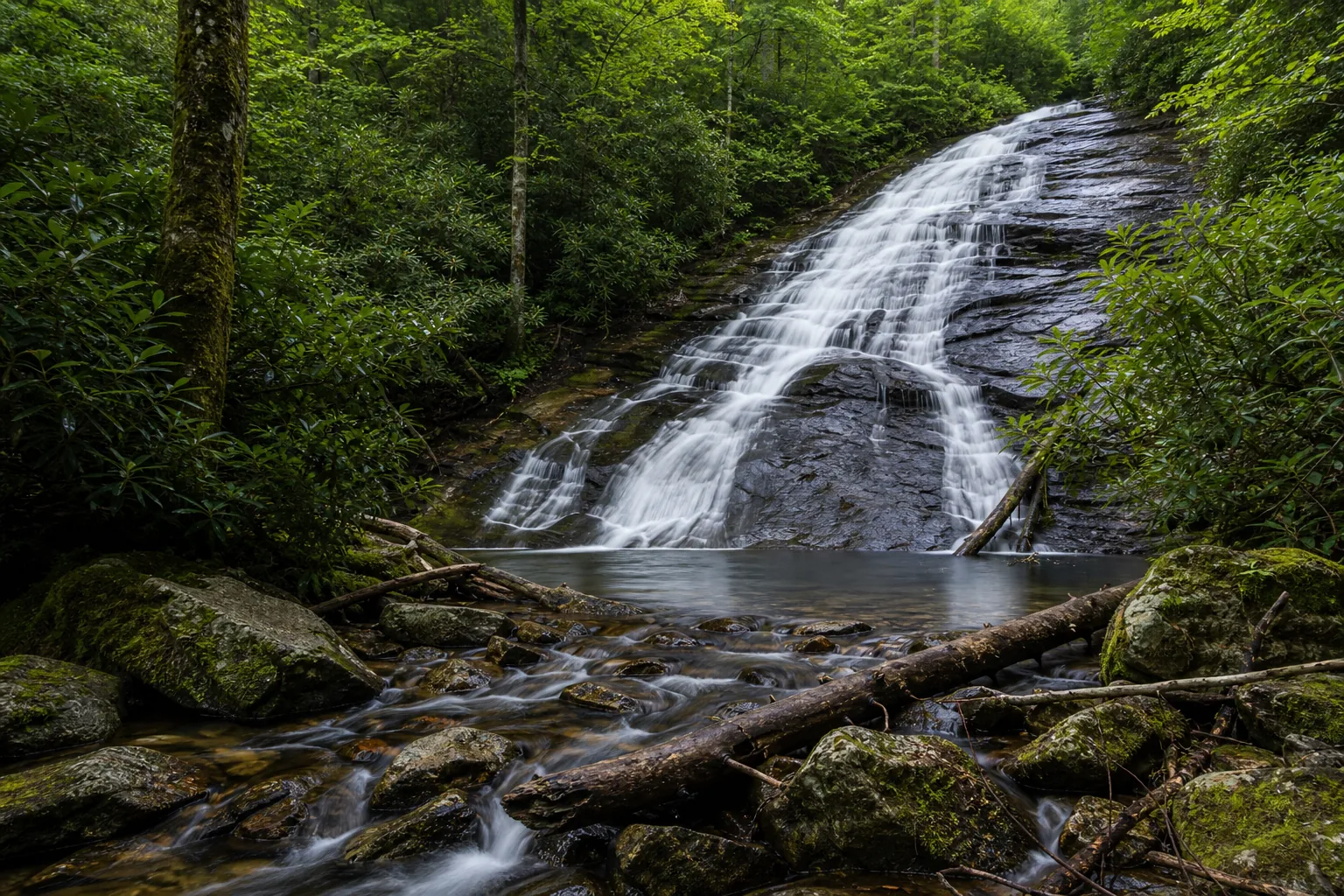 Helton Creek Falls upper falls: the 30-foot curved-rock drop into its small bench pool, from the wooden observation deck