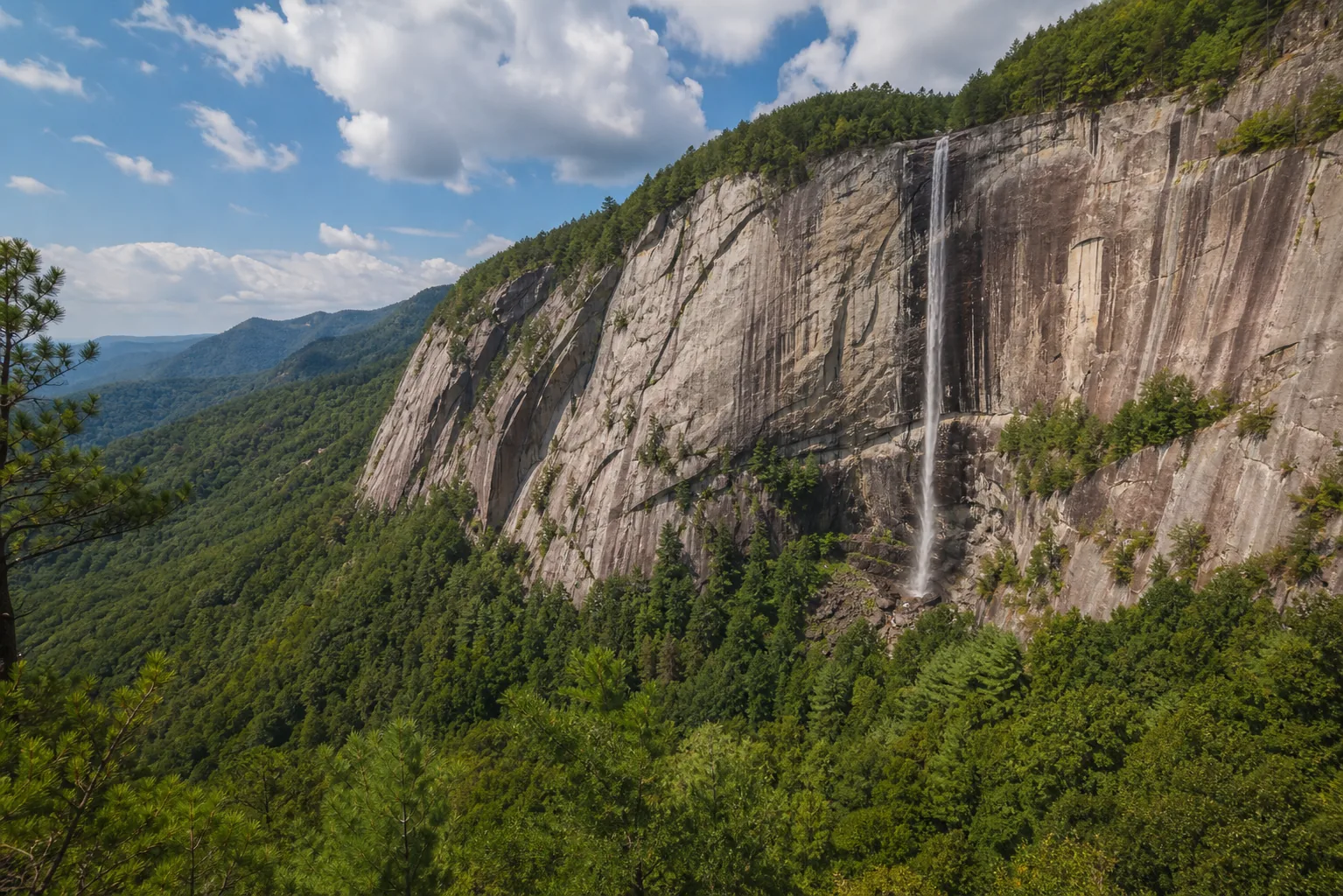 Hickory Nut Falls wide gorge view with the full 404-foot drop visible from the meadows approach