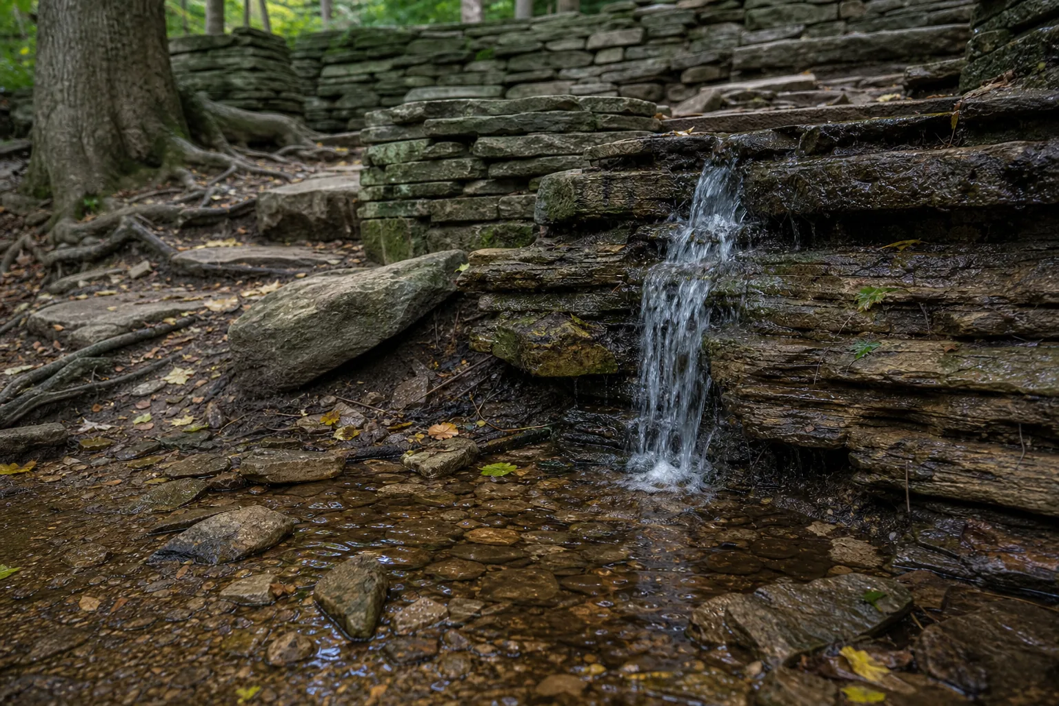 Detail of water threading across the St. Peter Sandstone and Platteville Limestone contact at Hidden Falls, Saint Paul, Minnesota