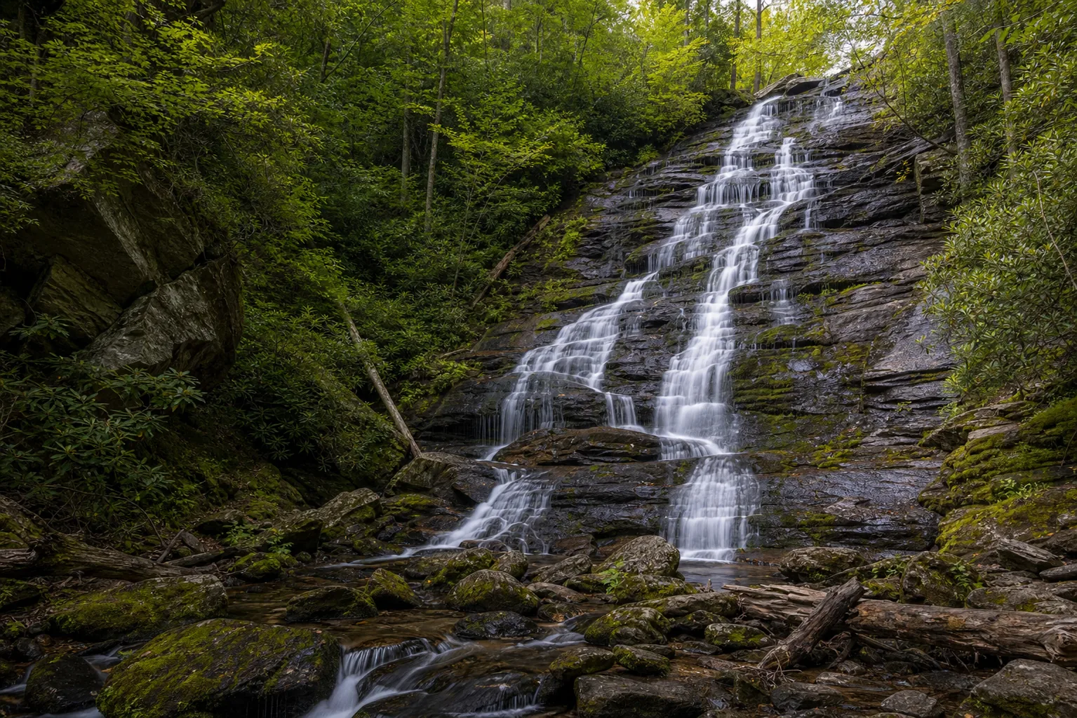 Issaqueena Falls issaqueena falls from the upper overlook, with the full 100-foot single-drop plunge framed by hardwood canopy