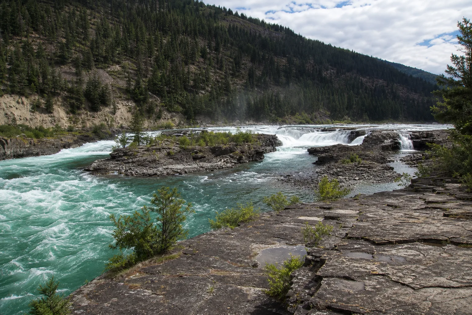 Kootenai Falls wide view of the kootenai river gorge and main cascade