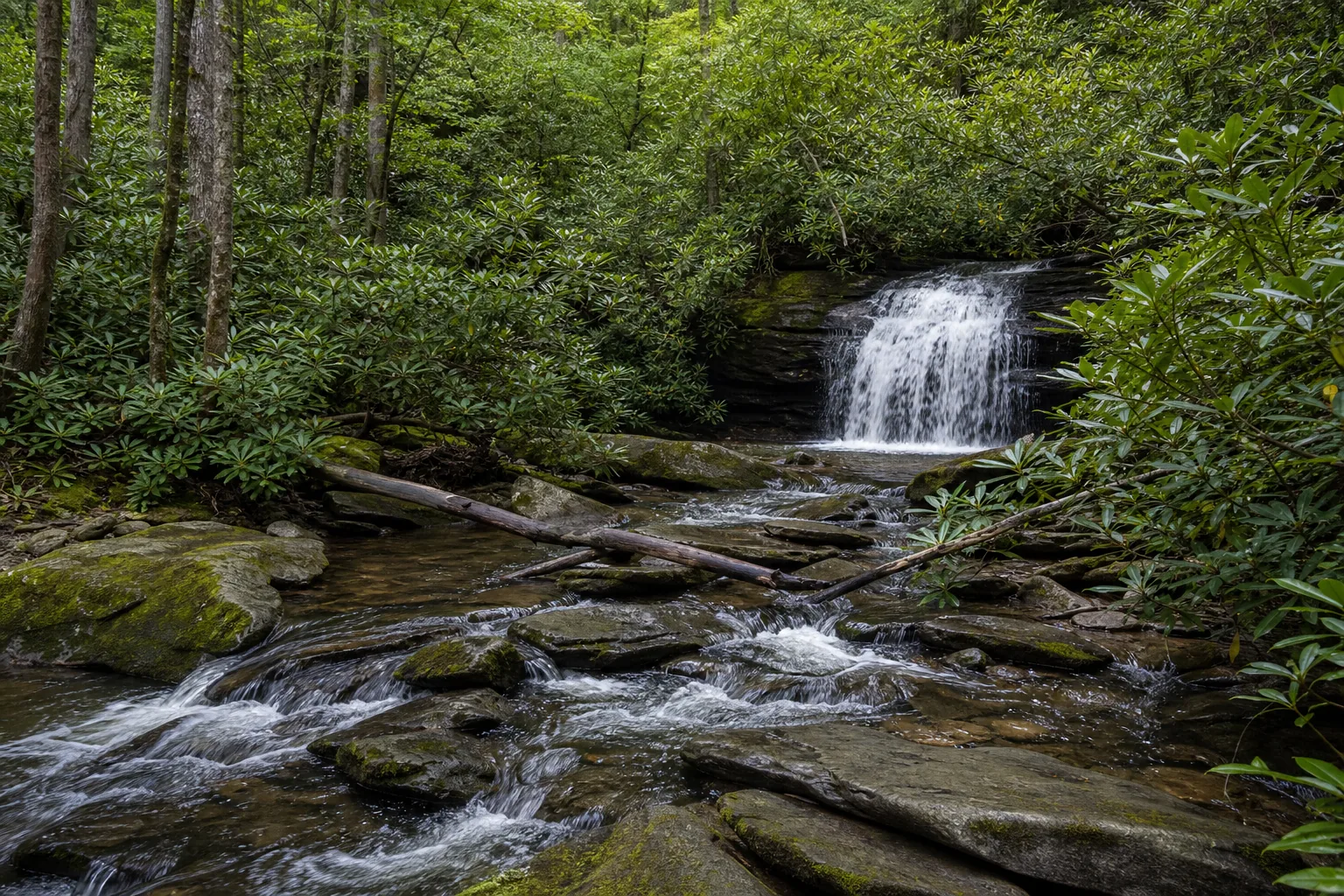 Long Creek Falls both tiers in the hemlock and rhododendron corridor, from the base flat at the end of the blue-blaze spur.