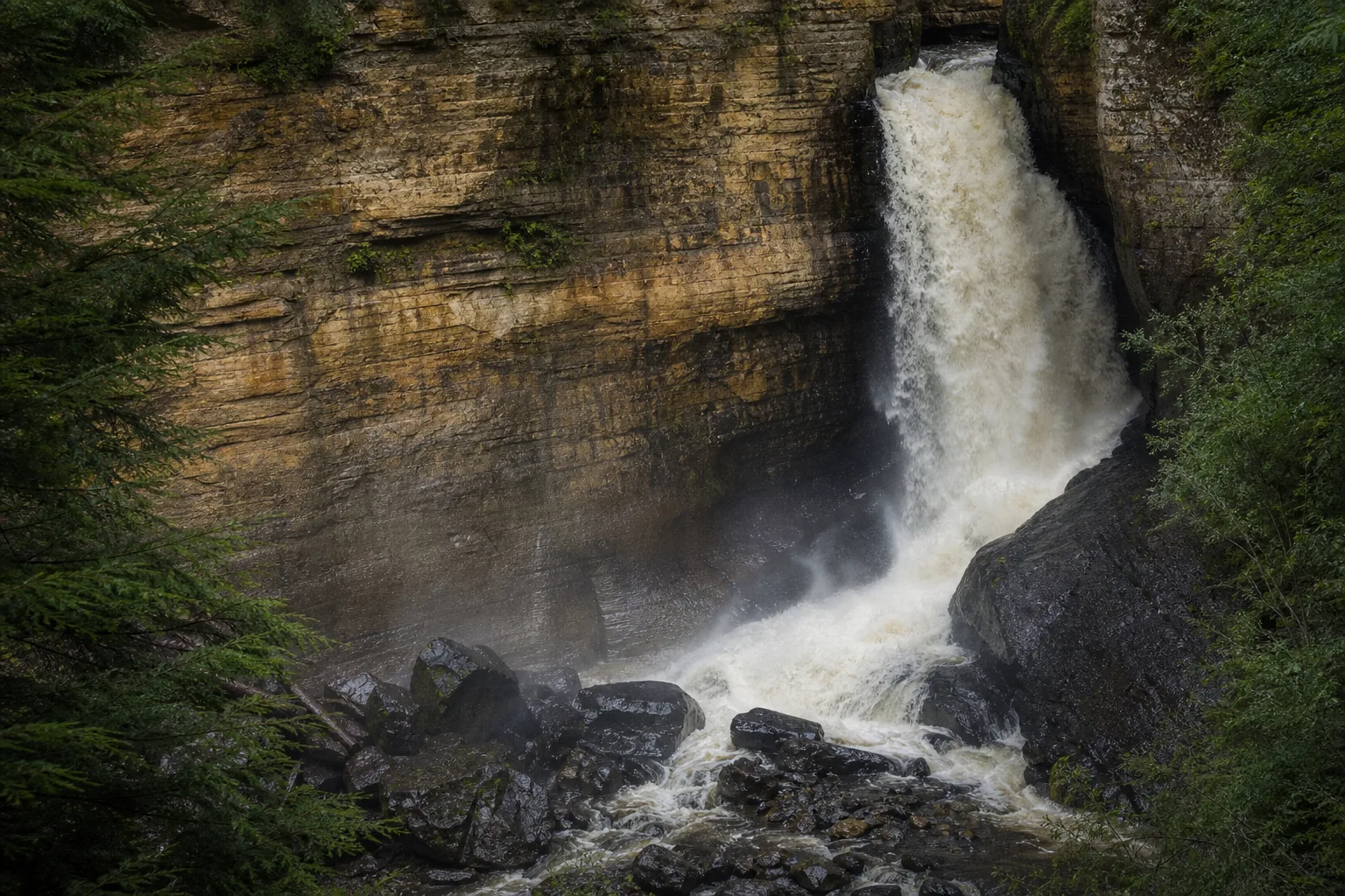 Miners Falls the lower viewing platform at the base, reached by 64 steps; the miners river carries more water than any other pictured rocks waterfall.
