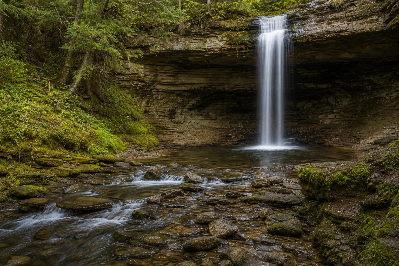 Munising Falls lower viewing platform at the base of the falls; the soft-rock undercut creates the recessed alcove that the walk-behind path follows.