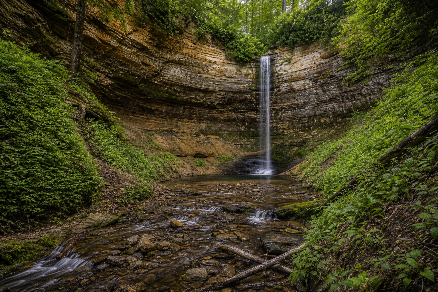 Munising Falls the 50-foot munising creek plunge dropping over the cambrian-age munising formation sandstone amphitheater.