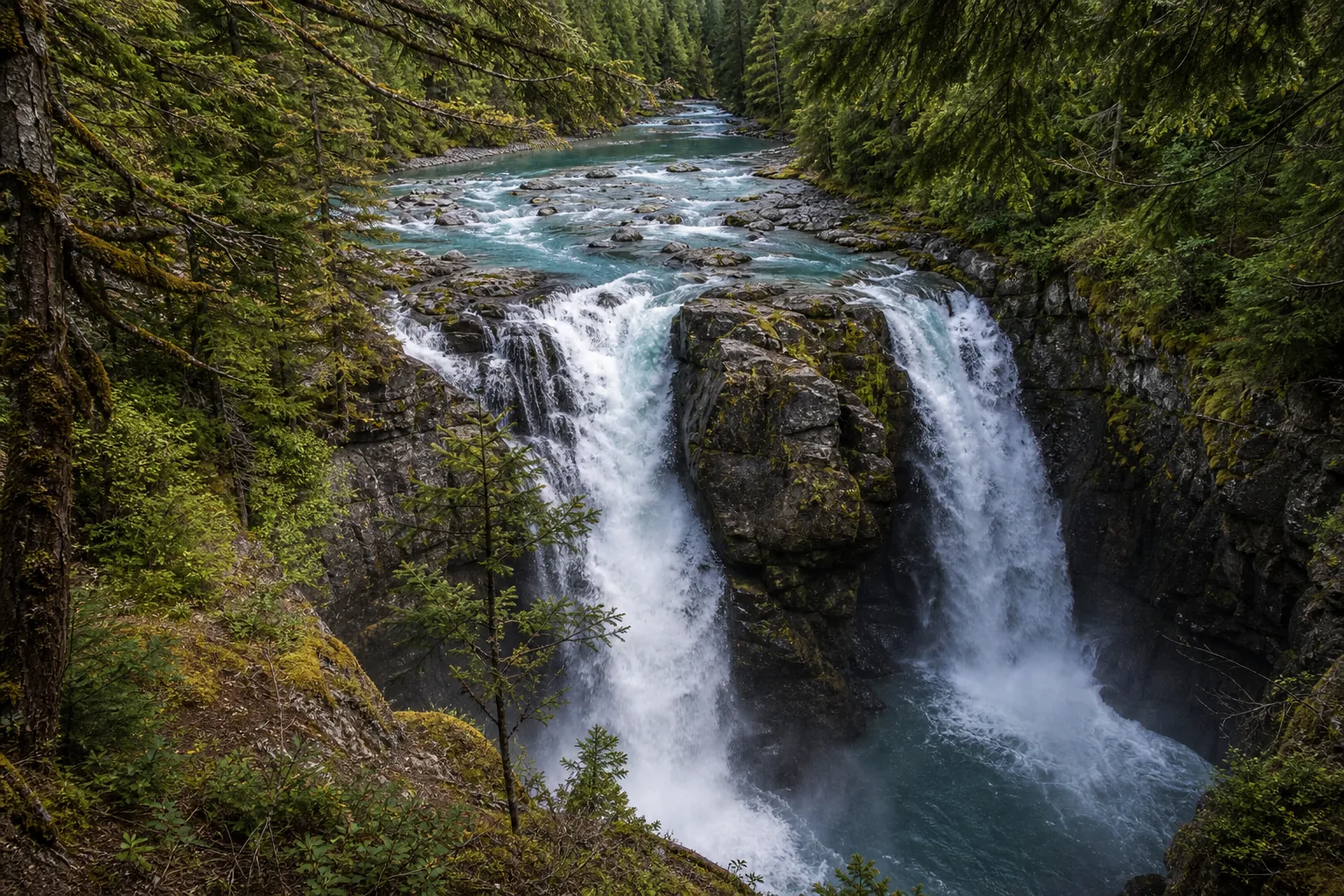 Nooksack Falls twin chutes plunge 88 feet into the north fork nooksack gorge below the wells creek confluence.