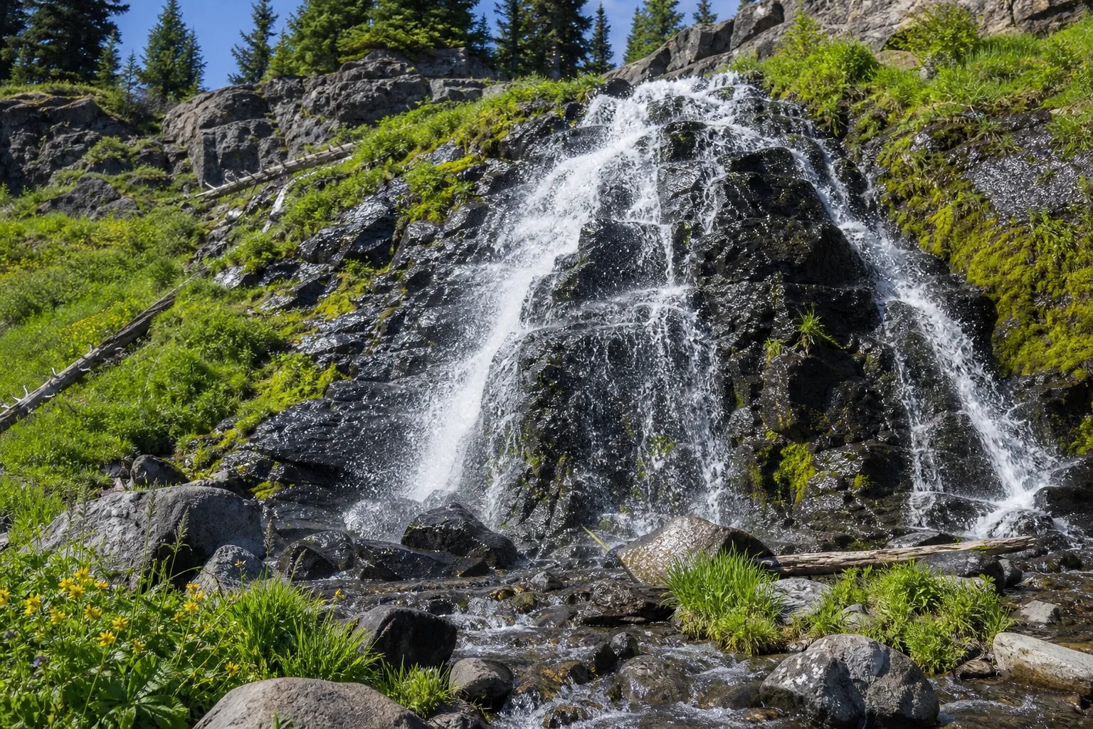 Plaikni Falls base of the falls where spring-fed water cascades over volcanic rock from the pumice desert aquifer