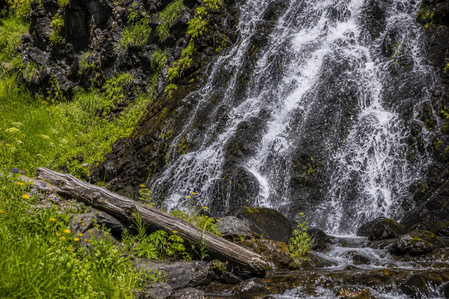 Plaikni Falls water and volcanic rock detail near the spring outflow
