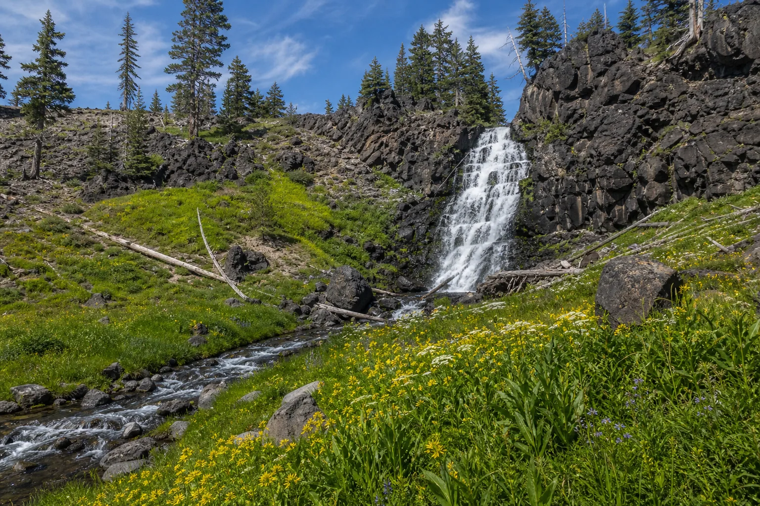 Plaikni Falls the 20-foot cascade and meadow setting at the end of the 1-mile spur off pinnacles road