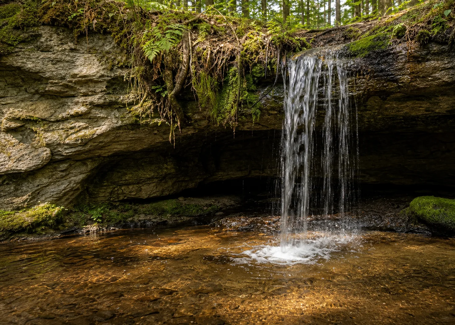 Scott Falls walk-behind view inside the Cambrian sandstone alcove undercut