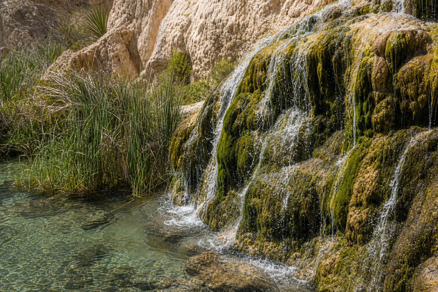 Sitting Bull Falls travertine rimstone dam and cascade water detail