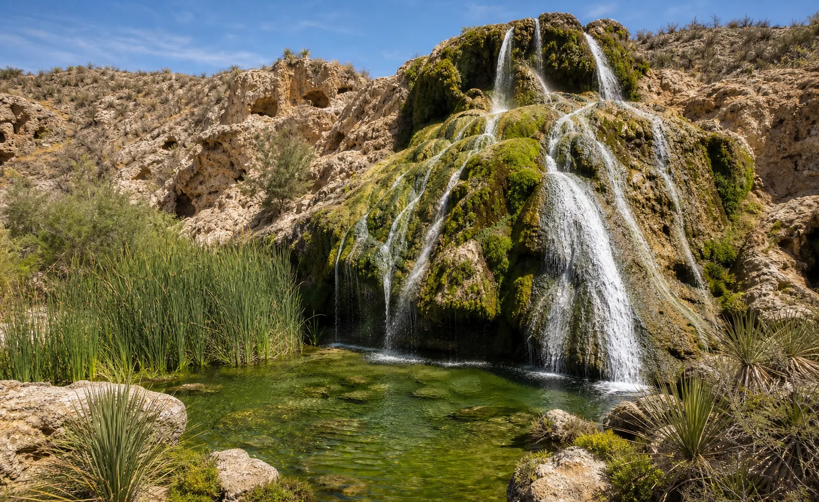 Sitting Bull Falls wide canyon view of the 150-foot travertine cascade